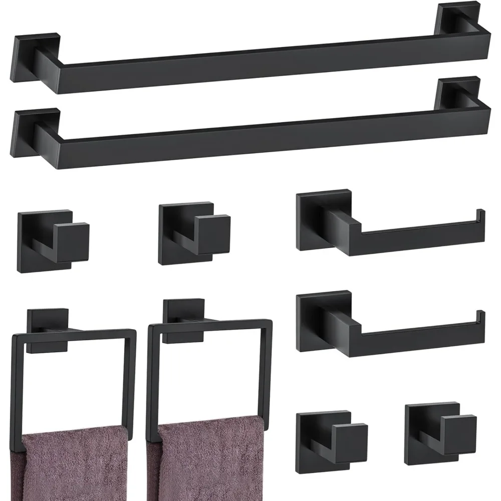 

10-Piece Matte Black Bathroom Hardware Set with Towel Bars, Rings, Holders, and Hooks - Stainless Steel Wall-Mounted Rack