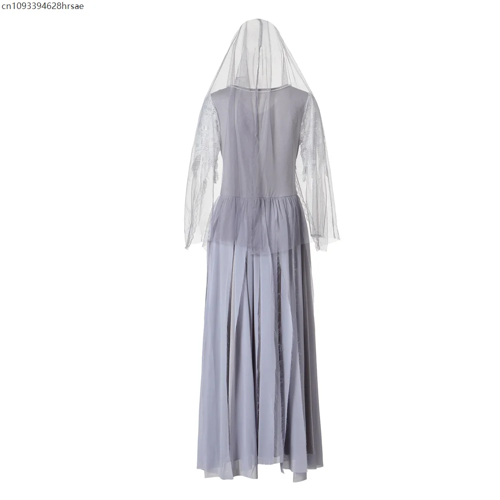 Women Ghost Bride Halloween Costume With Veil Skull Lace Red Rose Gothic Zombie Bride Cosplay Outfit Day Of The Dead Fancy Dress