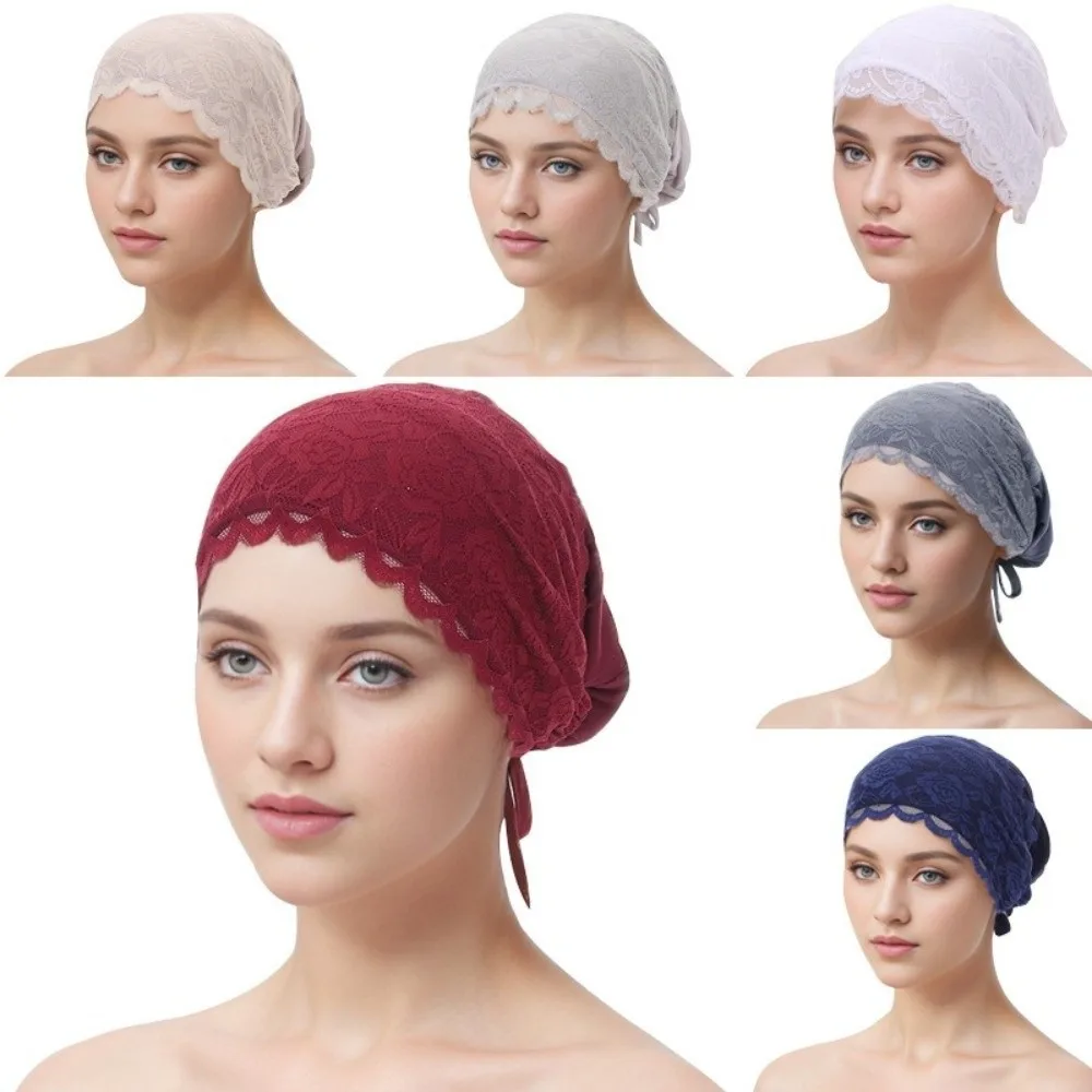 Fashion Elegant Turban Hat Breathable Elastic Lace Inner Cap Solid Color Tie Straps Hijab Cap Female Head Covering