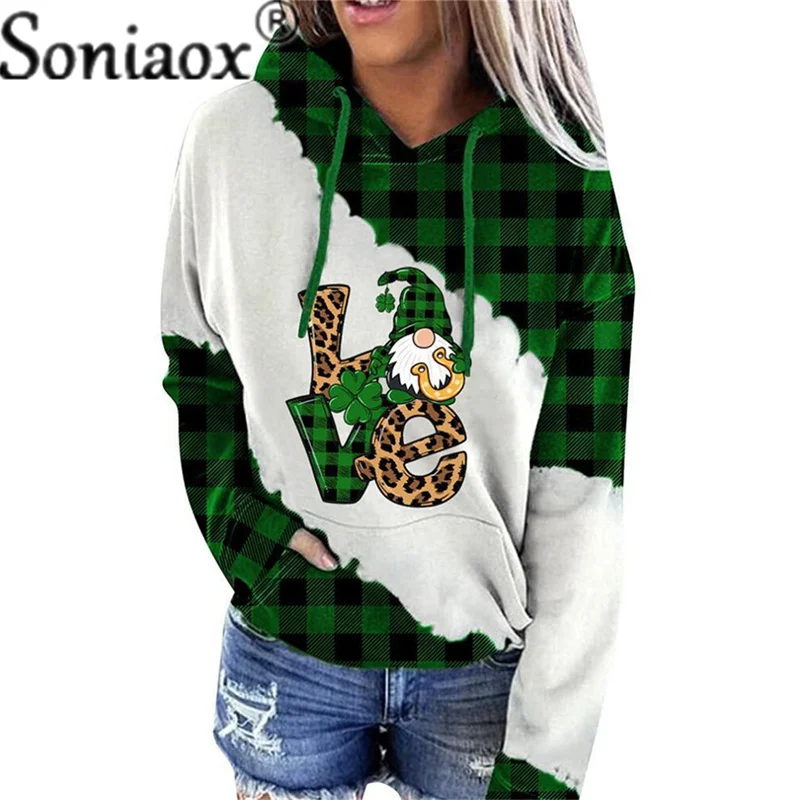 Autumn Green Splicing Hoodie Female Elegant 2022 Winter Warm Trefoil Long Sleeve Sweatshirt Women Cotton Loose Casual Thick Tops