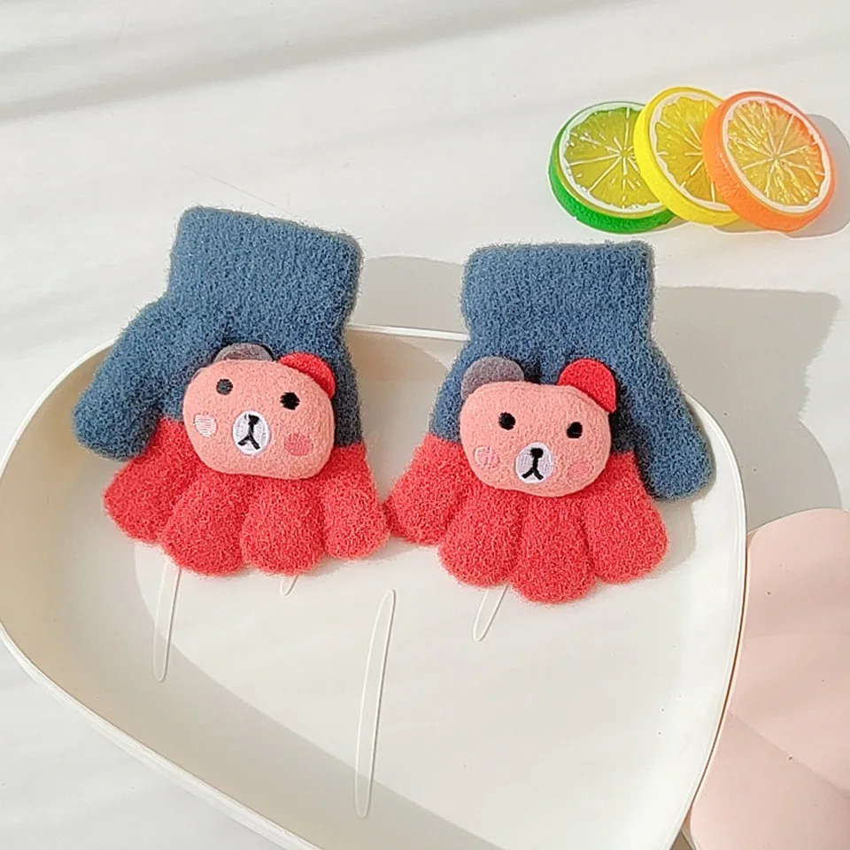 1Pair Winter Knitted Children\'s GlovesWarm Soft Rabbit Wool Cartoons Kids Gloves Child Full Finger Boys Girls Mitten For 3-10 Y