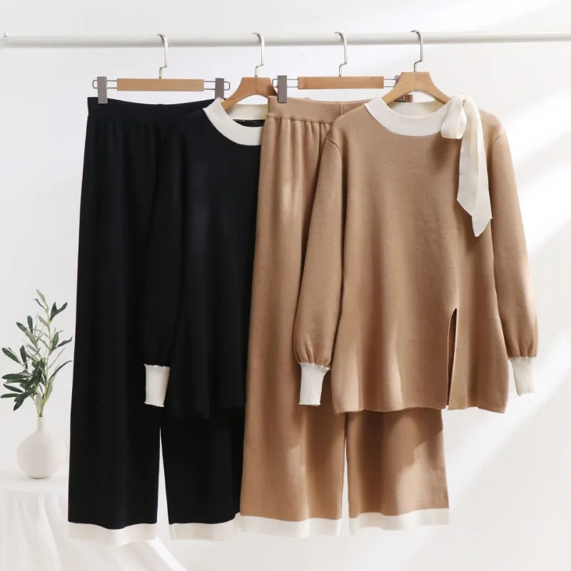 

Elegant Bandage Winter Women Knitted Suit Casual 2 Piece Pants Top Matching Set Sexy Slit Knitted Two Piece Set For Women
