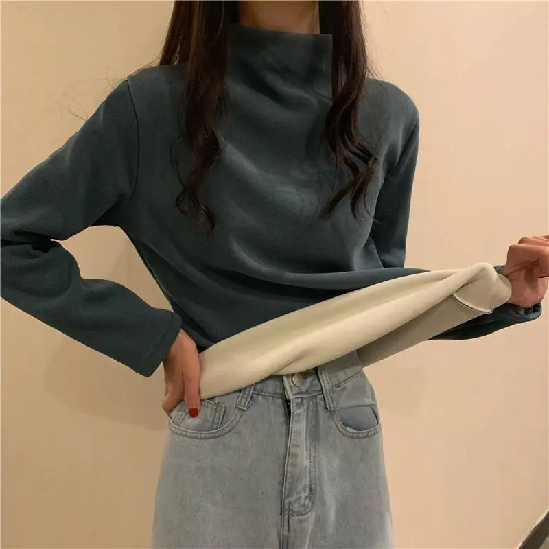 2023 Autumn/Winter New Korean Half High Collar Plush Thick Brushed Bottom T-shirt Long Sleeve Top Women's Fashion