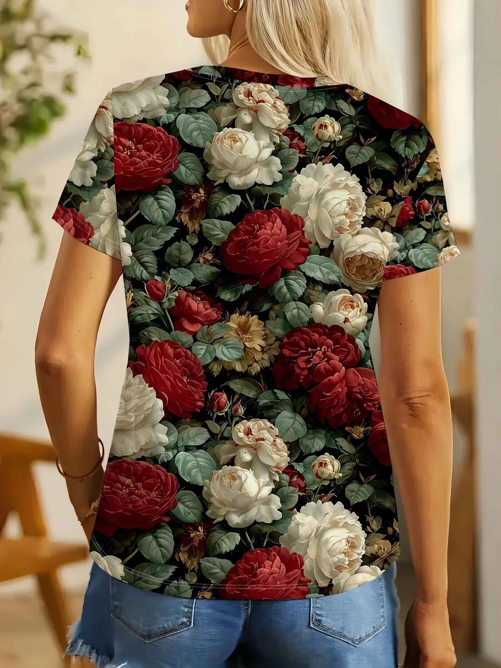 Women Crew Neck Short Sleeve T‑Shirt, Vintage Red White Peony Rose Floral Botanical Art Graphic Casual Tee