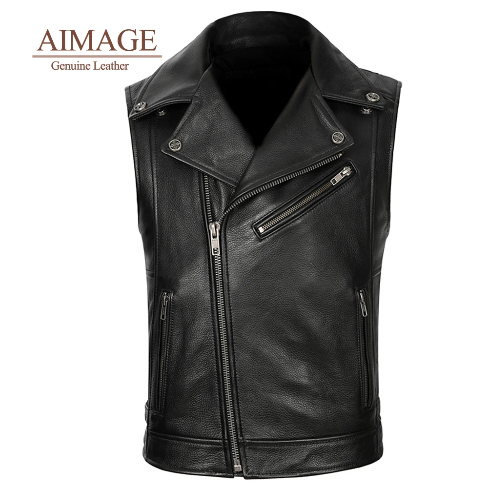 Men Cow Jackets Sleeveless Motorcycle Vests Zipper Cowhide Genuine Leather Turn Collar Outwear Size 4XL Motor Biker PY388