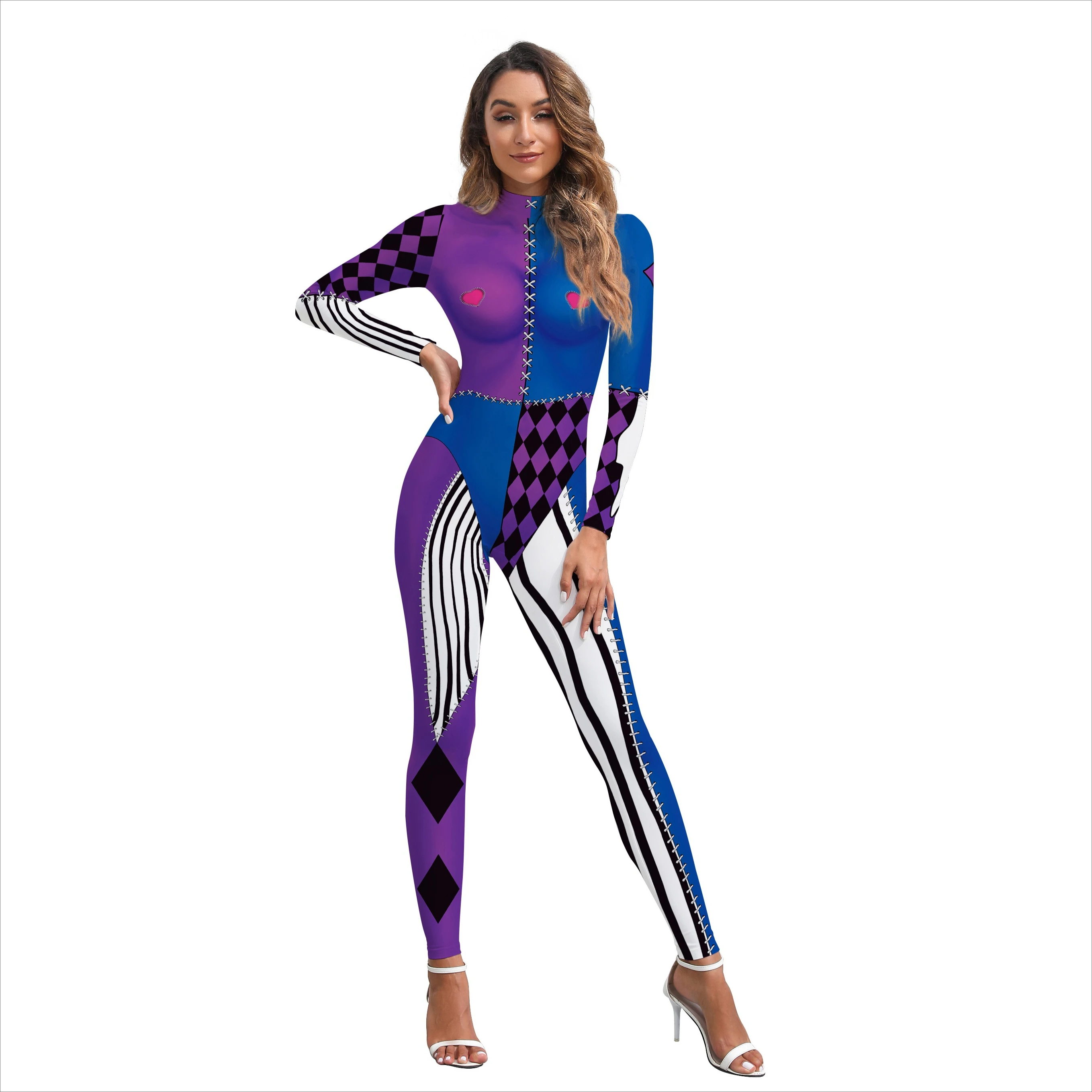 

Clown Cosplay Bodysuit For Women Sexy Halloween Geometry Printing Costumes Carnival Party Zentai Suit Stage Performance Jumpsuit