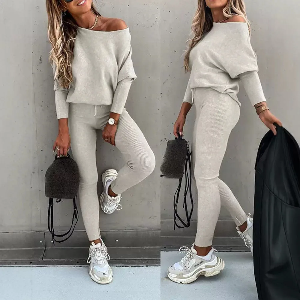 

Pant Set Women Two Piece Sets Off Shoulder Full Sleeve Sexy Slim Fit Tops Long Pants Sheath Casual Autumn Elegant Splice