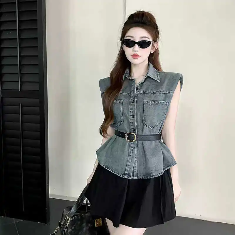 Denim Vest Thin Jacket Women's Tops New Spring Summer Girls Korean Versatile Style Belt Sleeveless Jackets Female Waistcoat