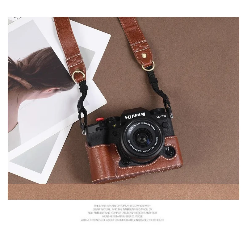 

PU leather case Camera bag For Fujifilm XT5 X-T5 XT4 Protective handle base Half body cover portable With Battery Port Strap