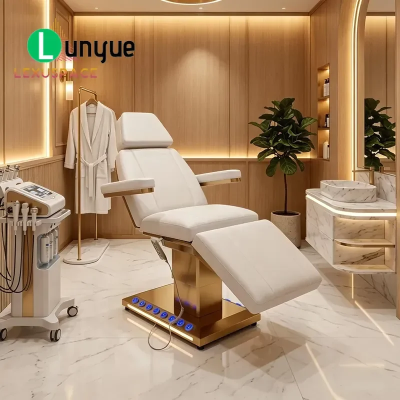 White PU Leather Electric Facial Bed 4 Motor Adjustable Massage Table with LED Ambient Light for Beauty Clinics Spa