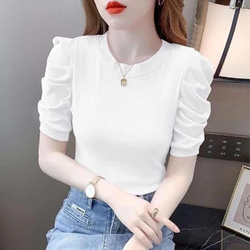 Summer New Solid Color Fashion Short Sleeve T-shirt Women High Street Round Neck Pullovers Elegant Pleated Pure Cotton Slim Tee