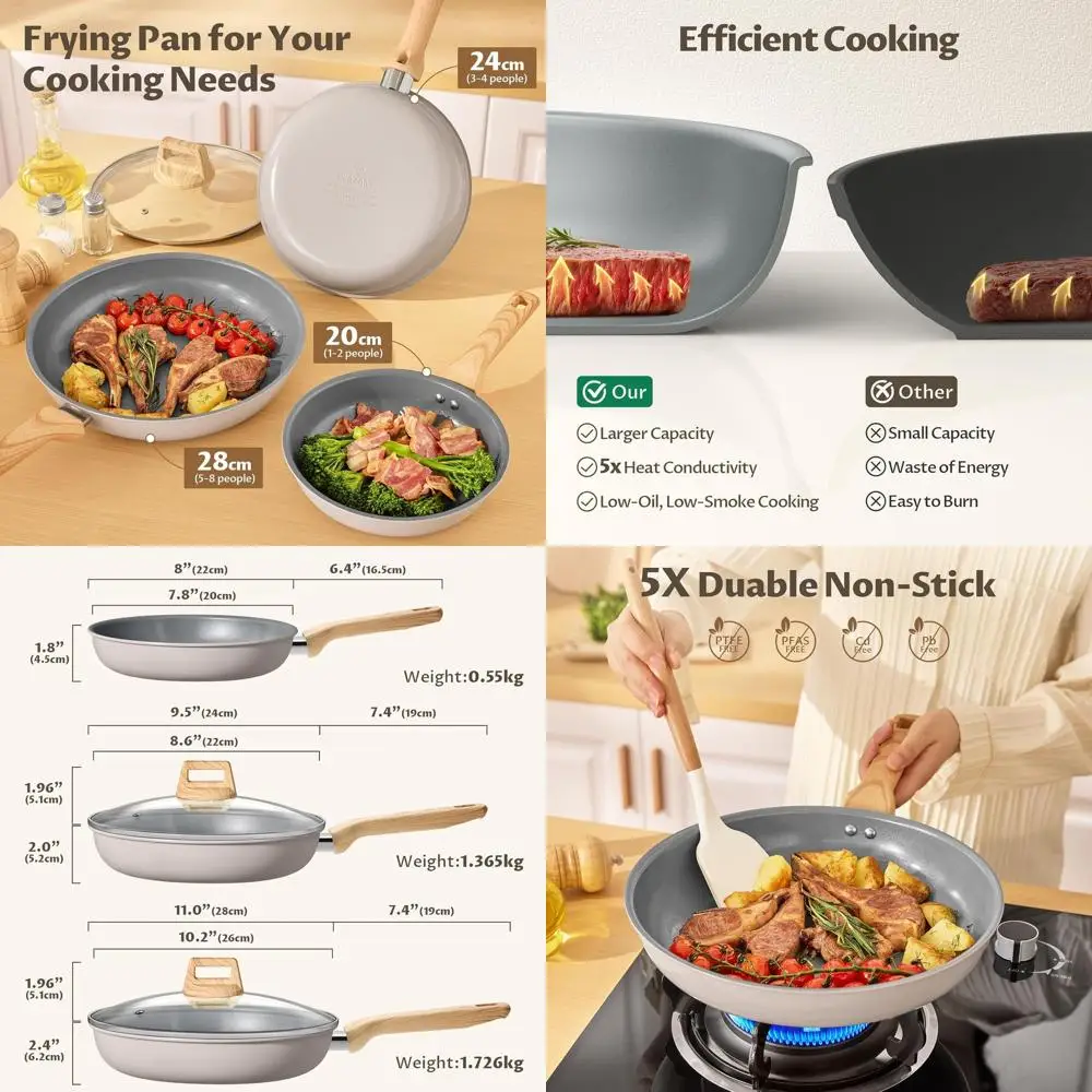 

5-Piece Ceramic Non-Stick Frying Pan Set with Lids, Induction Base, Heat-Resistant Handles, PFAS/PTFE Free, Induction Compatible