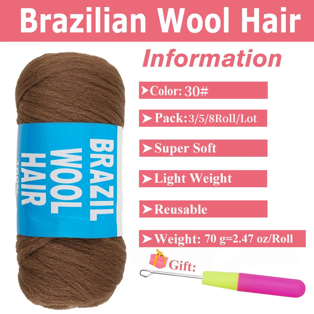 3/5/8 롤 브라질 양모 머리 끈 아크릴 손 뜨개질 원사 아프리카 합성 가짜 Locs 크로 셰 뜨개질 머리 여성용