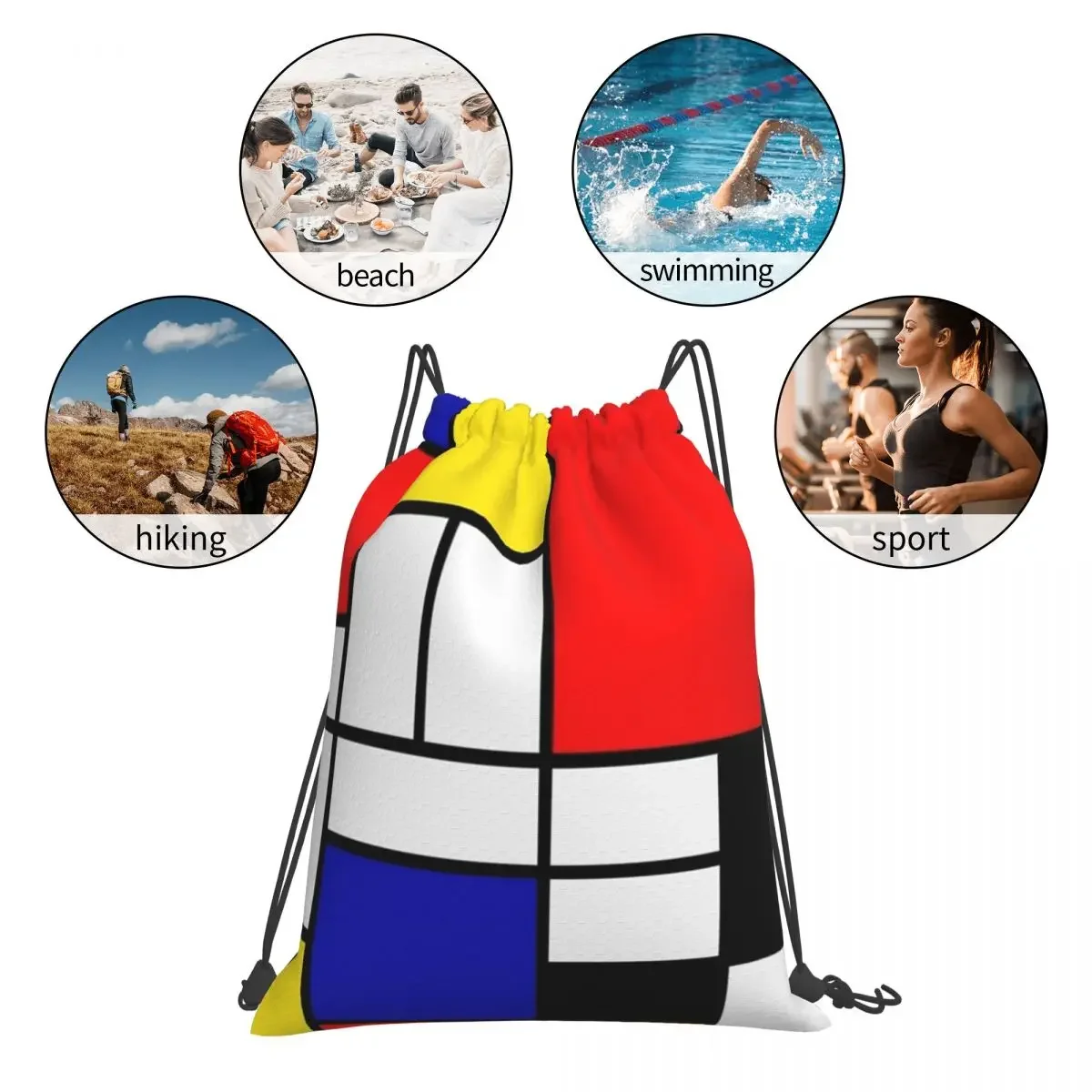 Mondrian Abstract Art Design Backpacks Portable Drawstring Bags Drawstring Bundle Pocket Sports Bag BookBag For Travel School