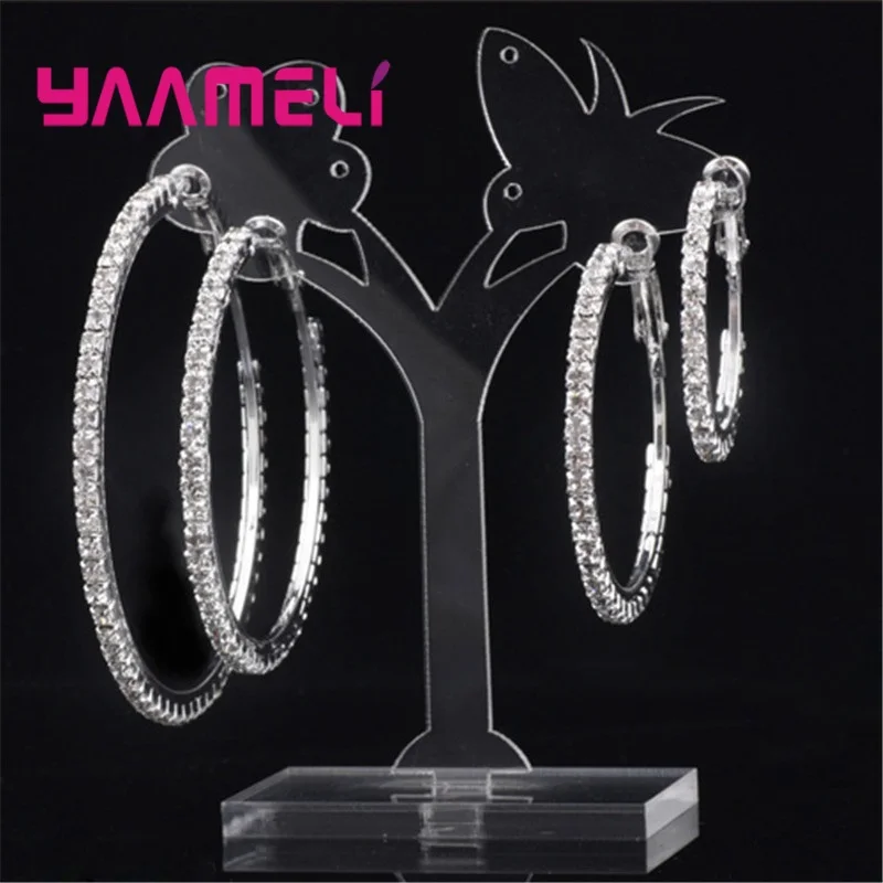 4pair Mix Fashion Women Hoop Earrings 925 Sterling Silver Austrian Crystal Cubic Zircon Circle Ear Brinco Pendientes 30-80mm