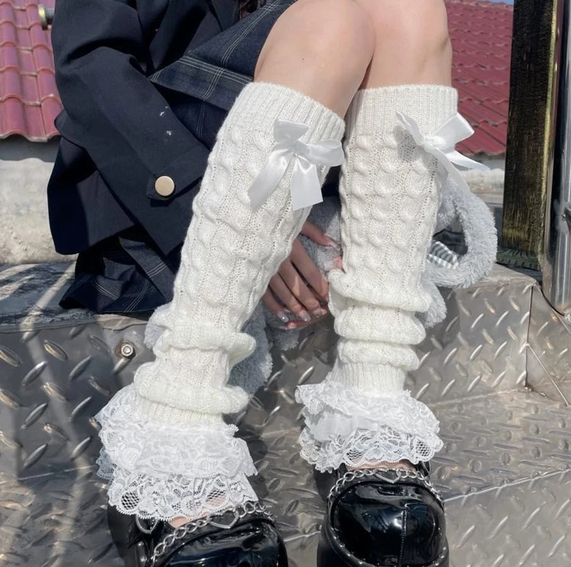 

Вязаные кружевные гетры с рюшами и бантом, японские носки Kawaii Lolita, кружевные вязаные гетры с бантом для женщин и девочек, уличная одежда Y2k, гетры в стиле Харадзюку