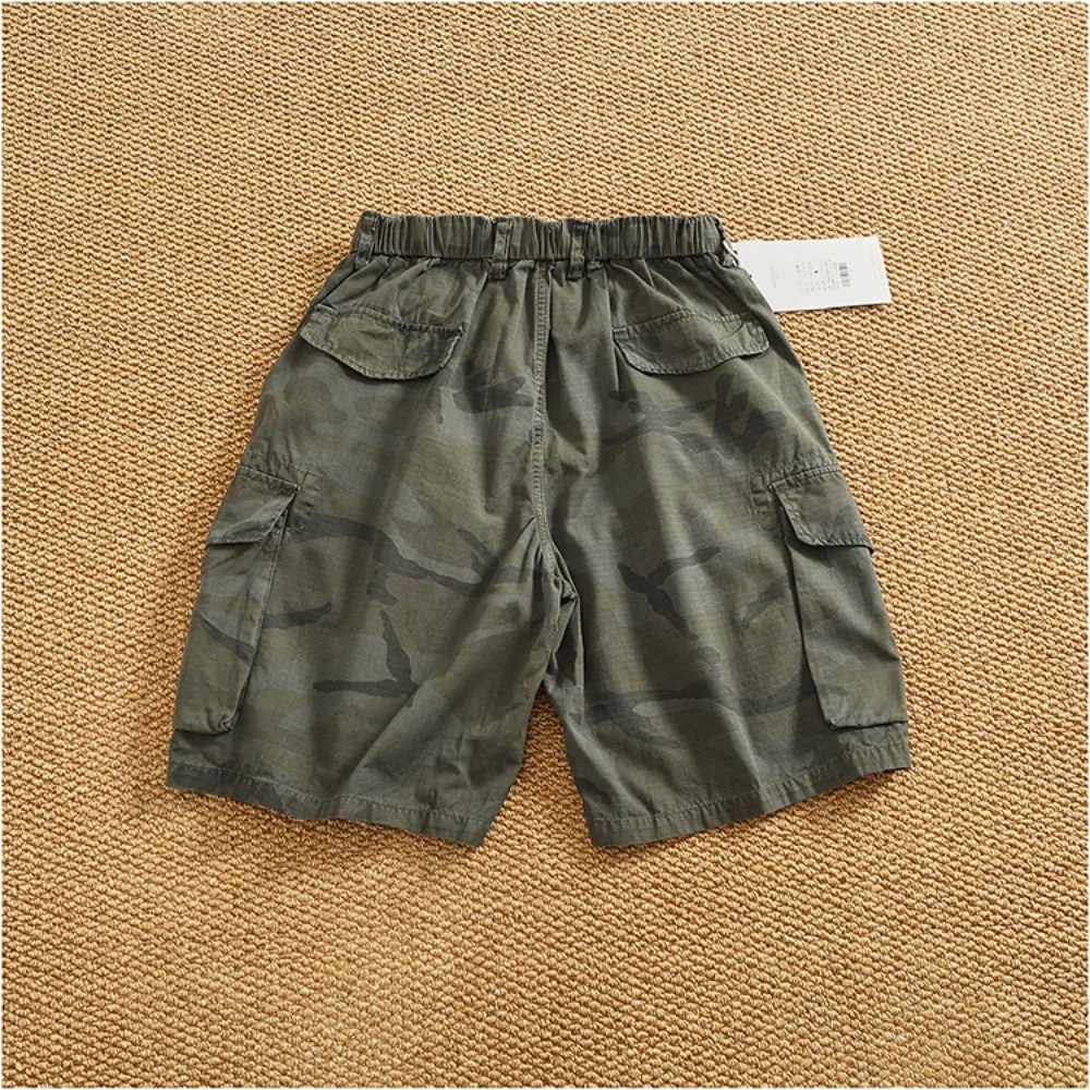 Pure Cotton Woven Capri Pants, Men's Camouflage Colored Work Shorts, Summer Versatile Multi-slit Bagel Pants