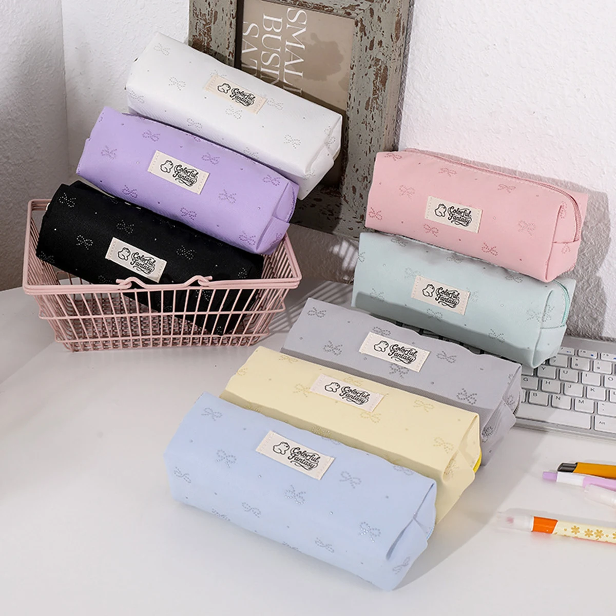 Creative Bow Pattern Portable Pencil Case, Student Stationery Storage Bag, Must-Have Pencil Case for Back-to-School Season
