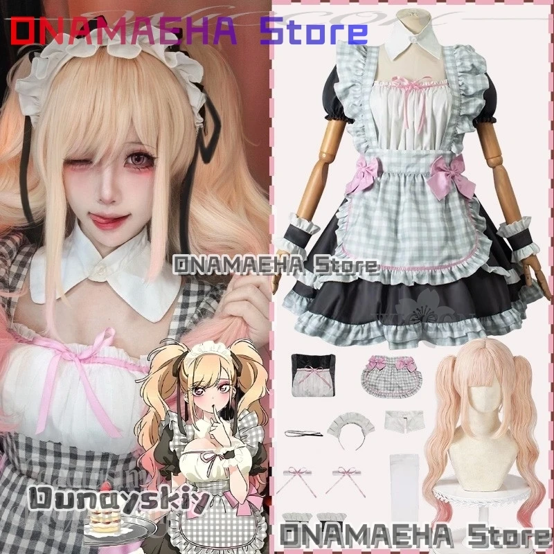 

ONAMAEHA@Anime Kitagawa Marin Cosplay Dress Up 코스프레 JK Darling Costume Kawaii Plaid Sleeveless Maid Outfit Twin Ponytails