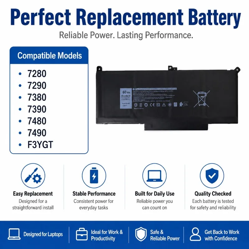 

F3YGT 7.6V 60Wh Rechargeable Li-ion Replacement Battery for 7280 7290 7380 7390 7480 7490 Notebook Repair Laptop Battery Pack