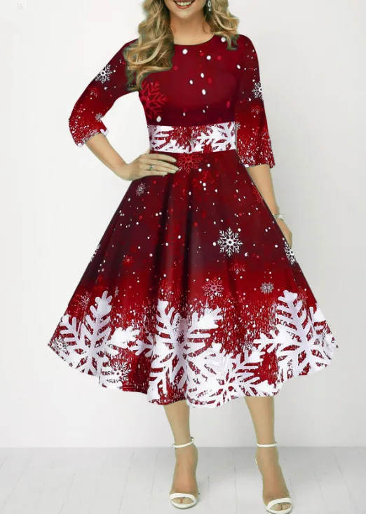 Comfortable Christmas Women's New Fashion Personalized Snowflake Digital Printing Temperament Mid Sleeve Waist Dress