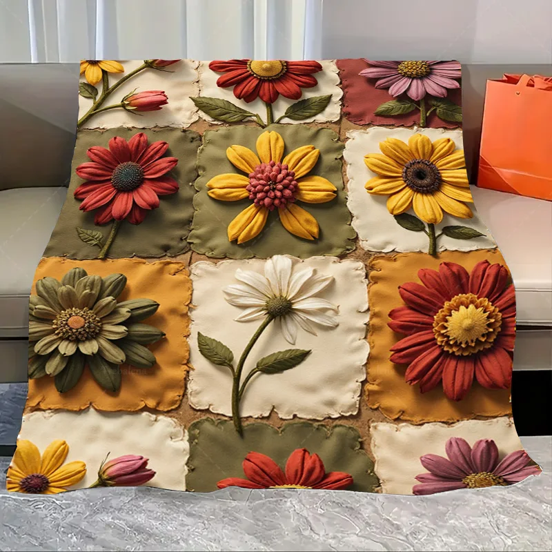 

1pc Flannel Blanket Vibrant Floral Patchwork Blanket for Cozy Living Room Decor