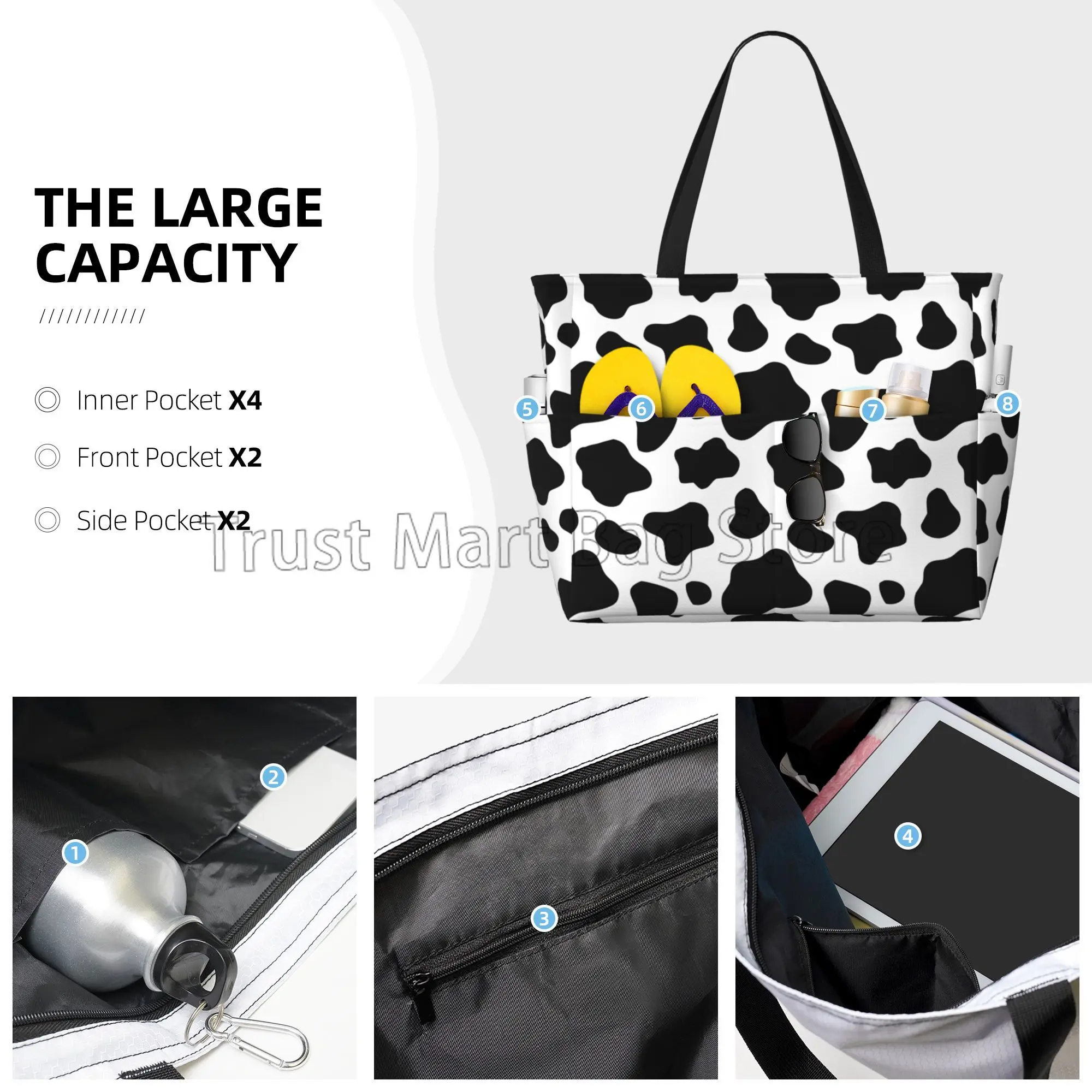 Cow Print Beach Bags for Women Large Beach Tote Bags Waterproof Beach Bag with Zipper Swim Pool Bag for Travel Vacation