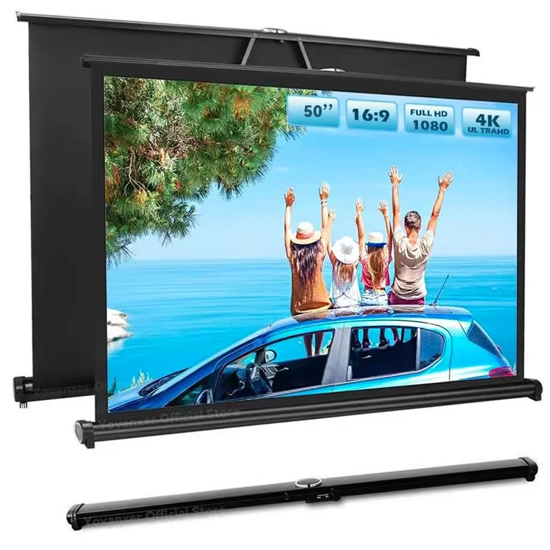 Yovanxer Tragbare Projektor-Leinwand, hochziehbare Tisch-Projektionsleinwand mit Ständer, Film-Uhr für Outdoor, Camping, Business, Büro