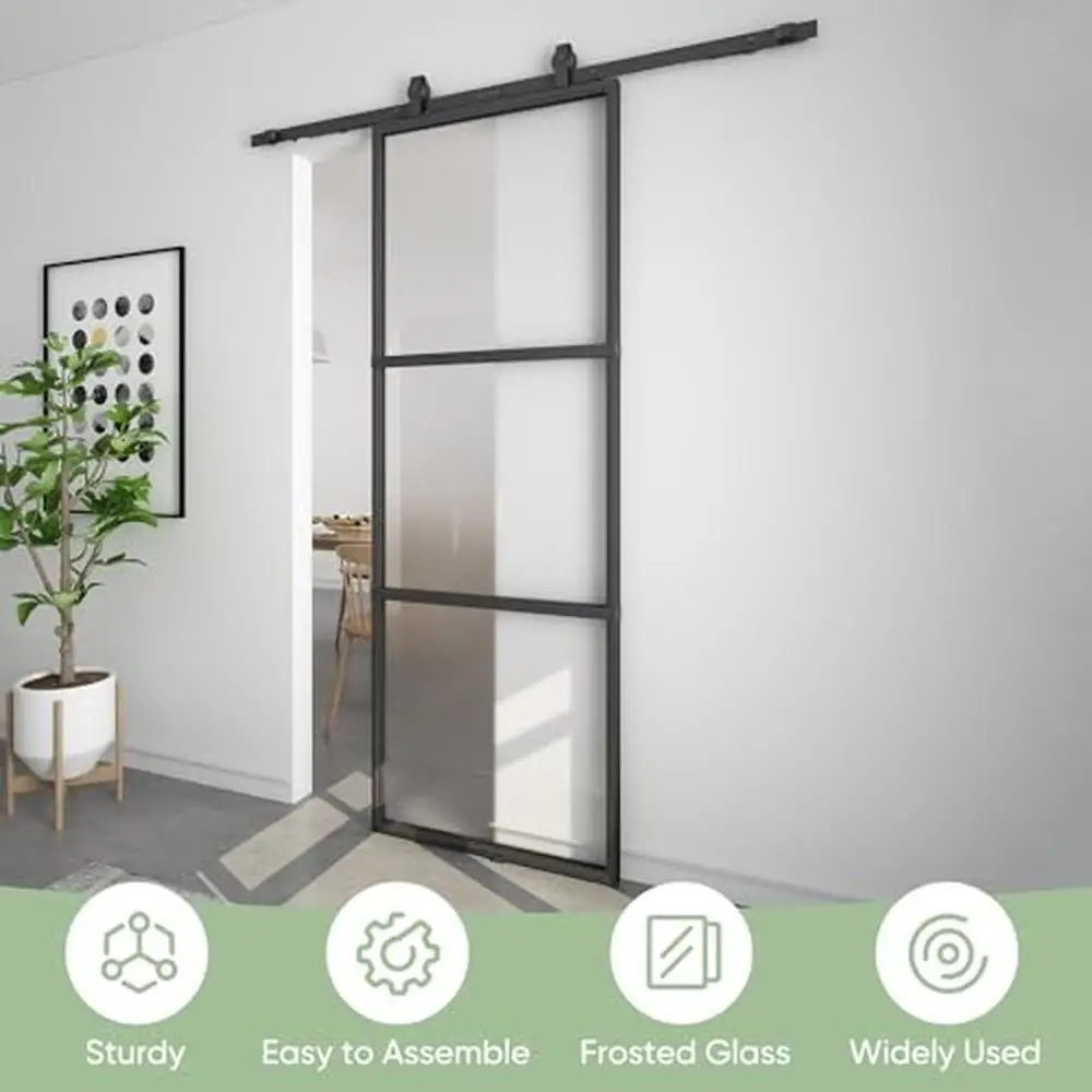 30x84in Glass Barn Door 5FT Top Mount Hardware Kit Soft Close Mechanism Privacy Ensured Modern Design Tempered Glass Solid