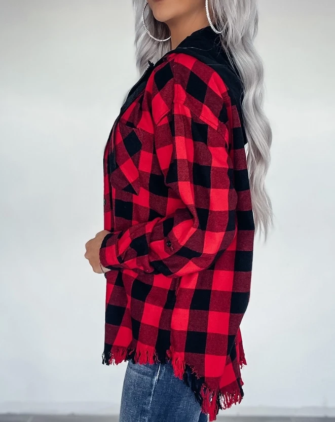 Women's Top 2023 New Hot Selling Fashion Long Sleeve Plaid Printed Ragged Edge Zipper Design Hooded Outwear