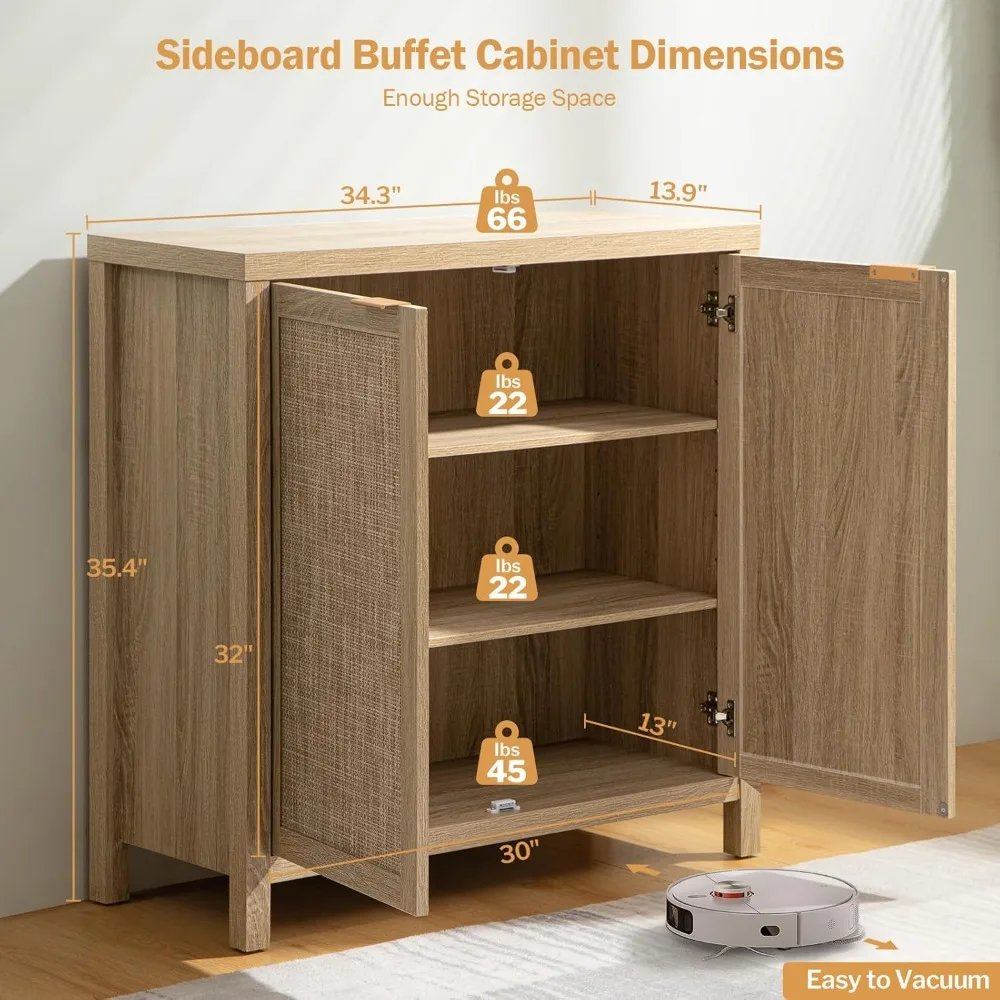 Storage Cabinet 2PCS with Rattan Storage - Wood Cabinets Buffet Console Table, Credenza Sideboard Buffet Rattan Cabinet