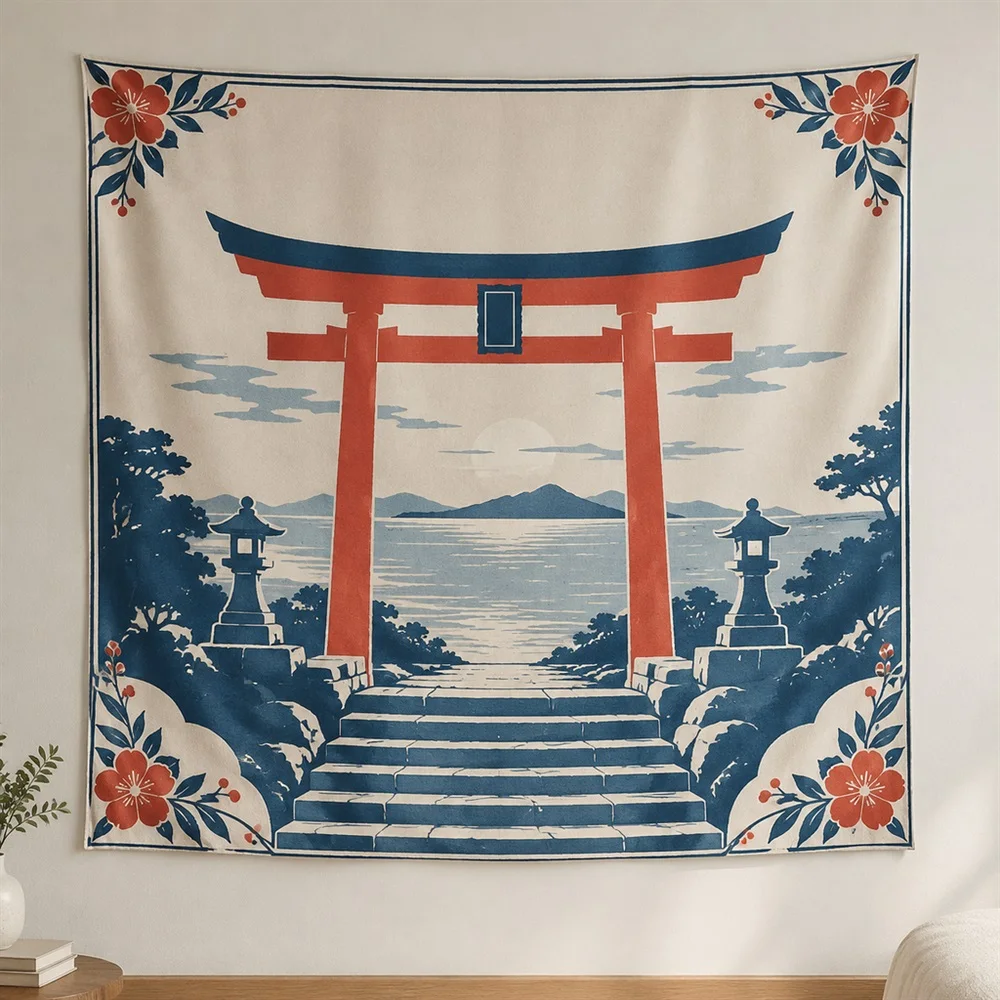 VIKAMA Torii Gate Scene Corner Motif Tapestry Wall Hanging, Japanese Wall Decor Tapestries for Bedroom Nursery Kids Room