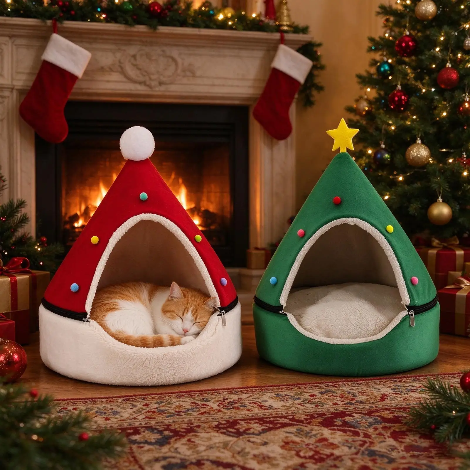 Kitten Bed Christmas Tree Design Warm Soft Lining Dome House Cat Bed Cave For Animal Indoor Outdoor Home Winter Bedroom Living