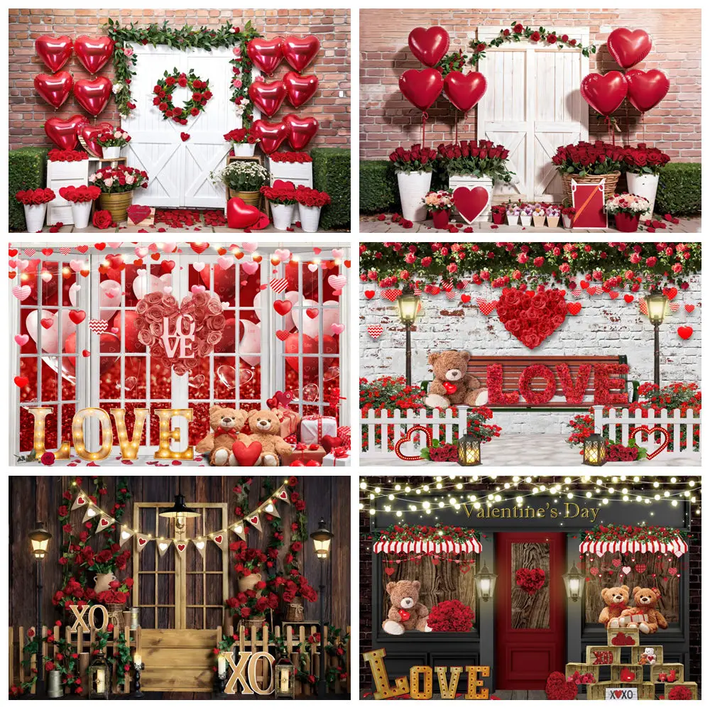 

Romantic Valentine's Day Photography Backdrops Window Flower Red Love Heart Valentine Scenes Background Decor Photo Studio Props