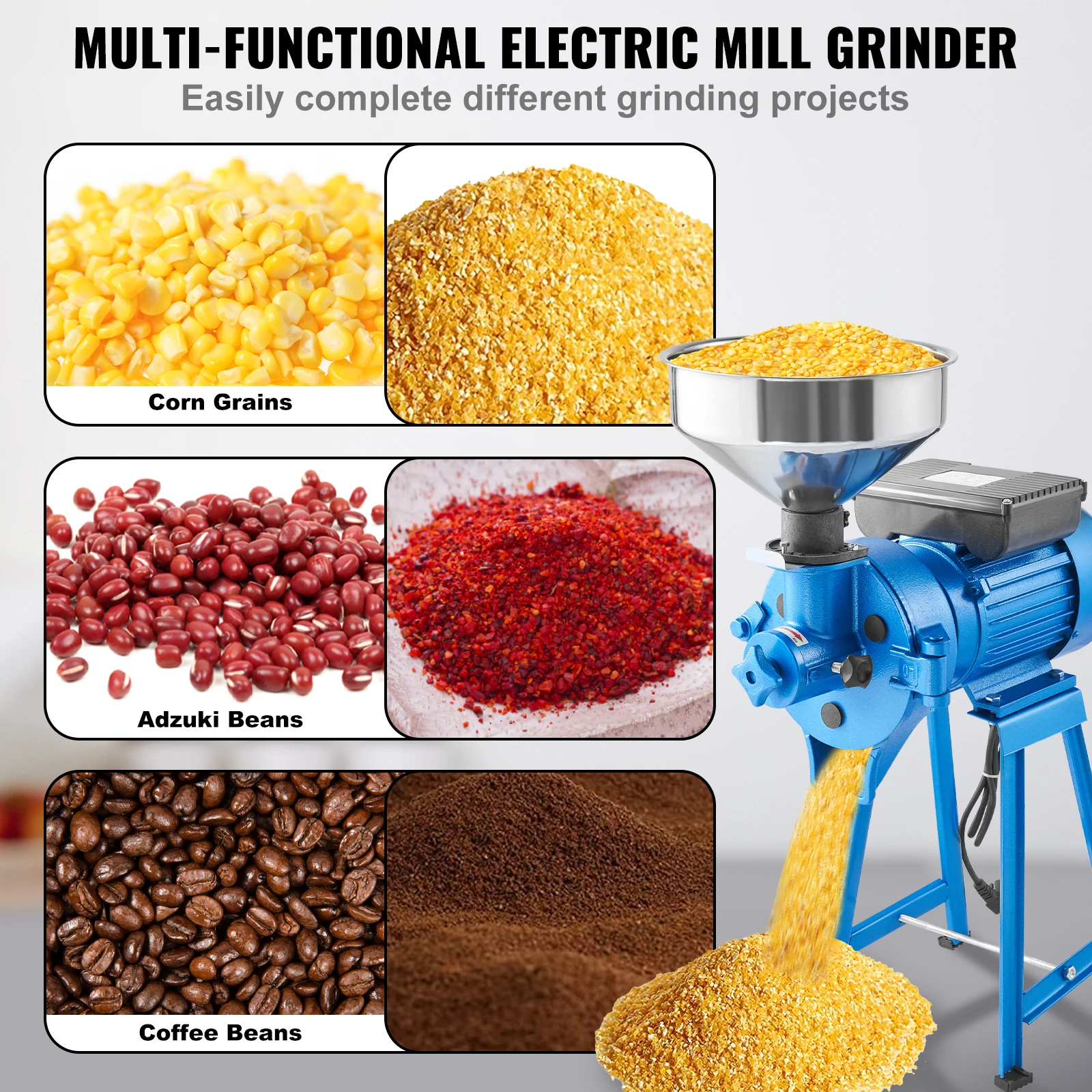 VEVOR Electric Grain Mill Grinder 1500W 110V Spice Grinders Commercial Corn Mill with Funnel Powder Machine Heavy Duty Feed Flou