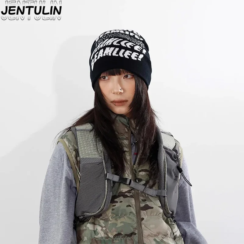 Chapéu feminino gorro de lã y2k malha carta hip hop jacquard streetwear inverno moda coreana pulôver jacquard unissex acessórios