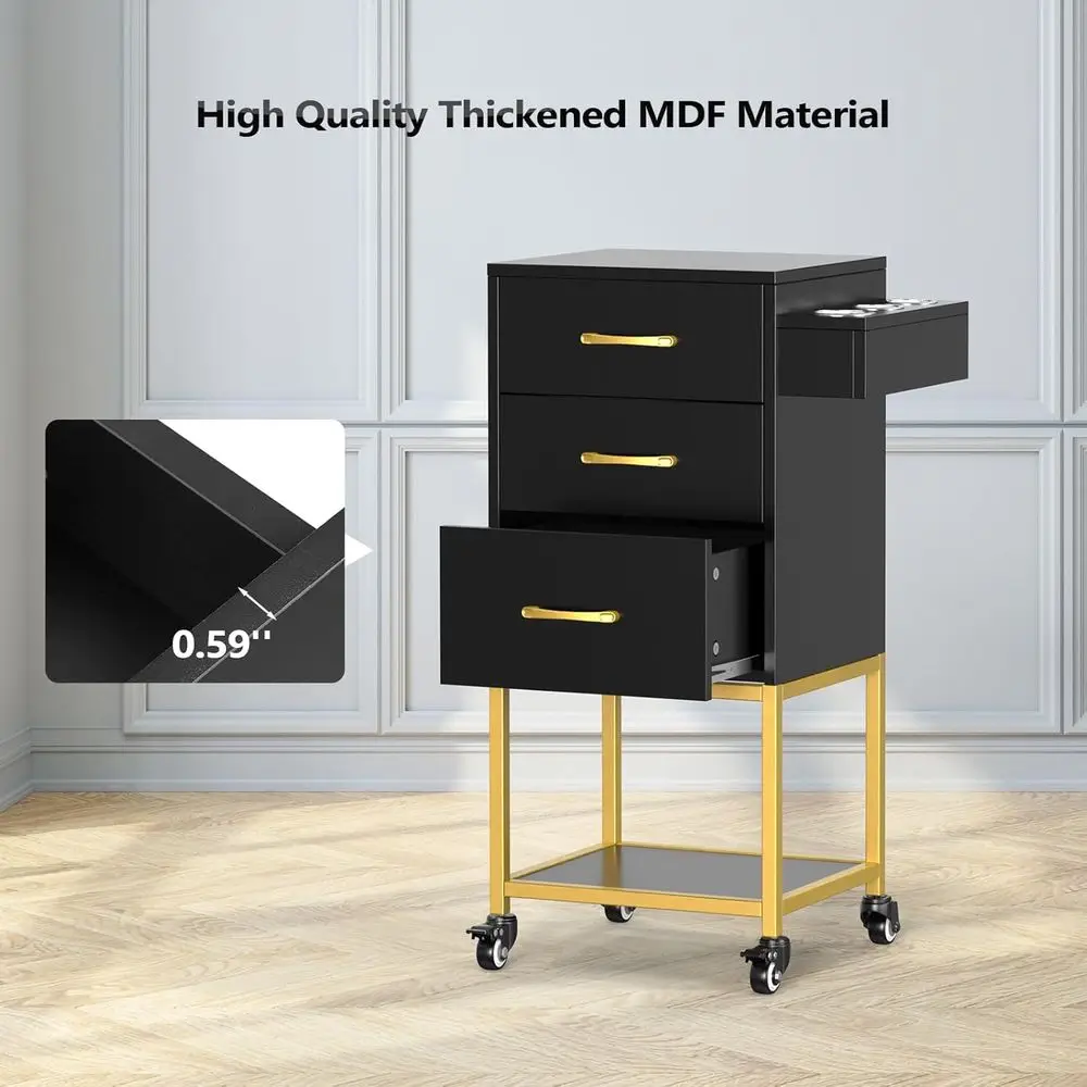 عربة صالونات التجميل باللون الأسود والذهبي مع عجلات وحامل مجفف الشعر وأدراج ورف تخزين مفتوح