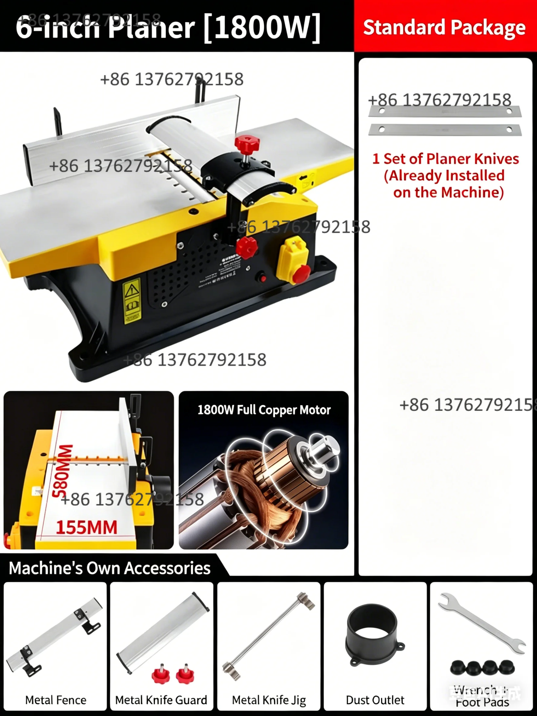 6 Inch Benchtop Wood Jointer 1800W Electric Woodworking Planer Desktop Surface Planing Machine Wood Carving Processing Power