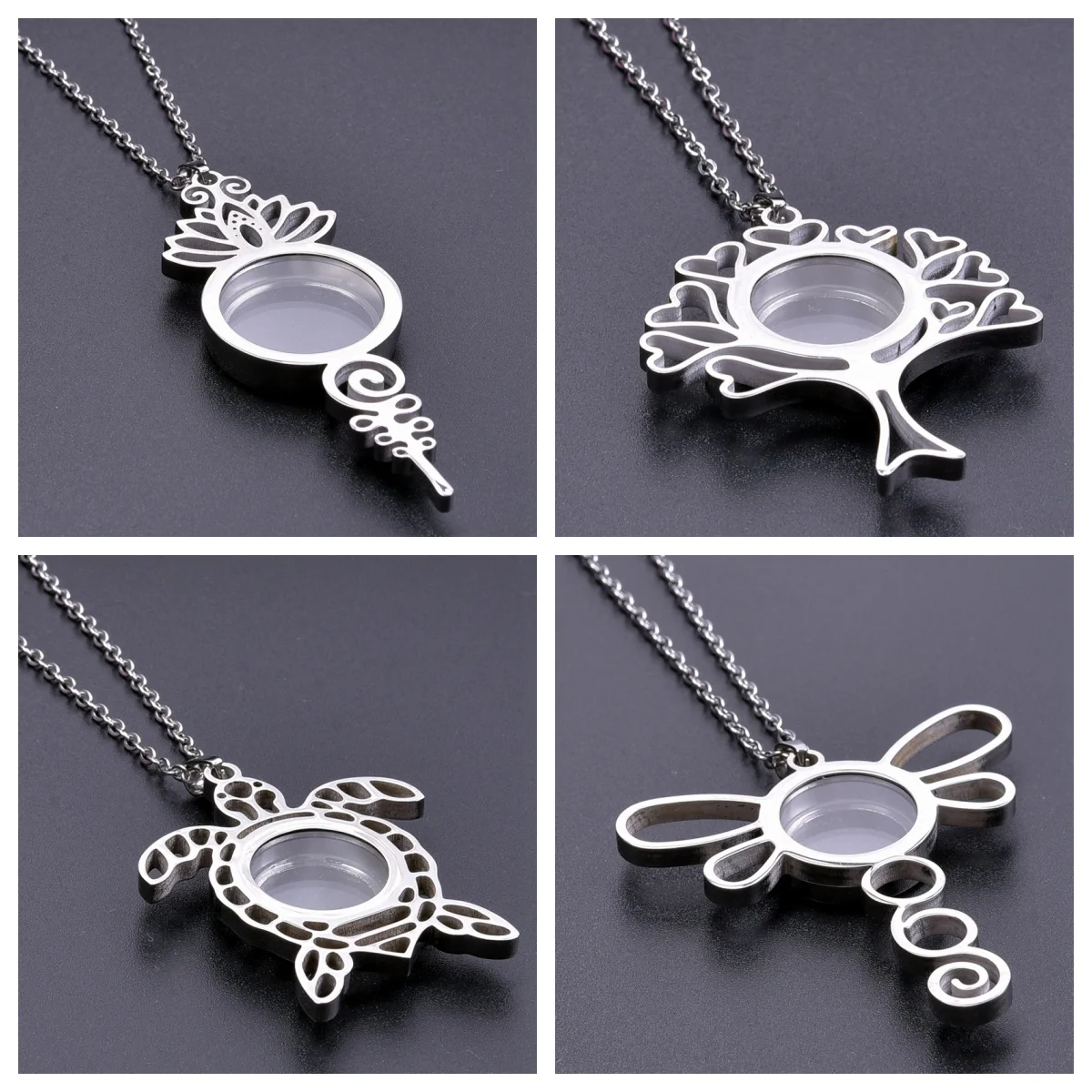 High Quality Retro Lotus Flower Glass Relicario Photo Locket Necklace Picture Locket Pendant Floating Charms Necklace For Women