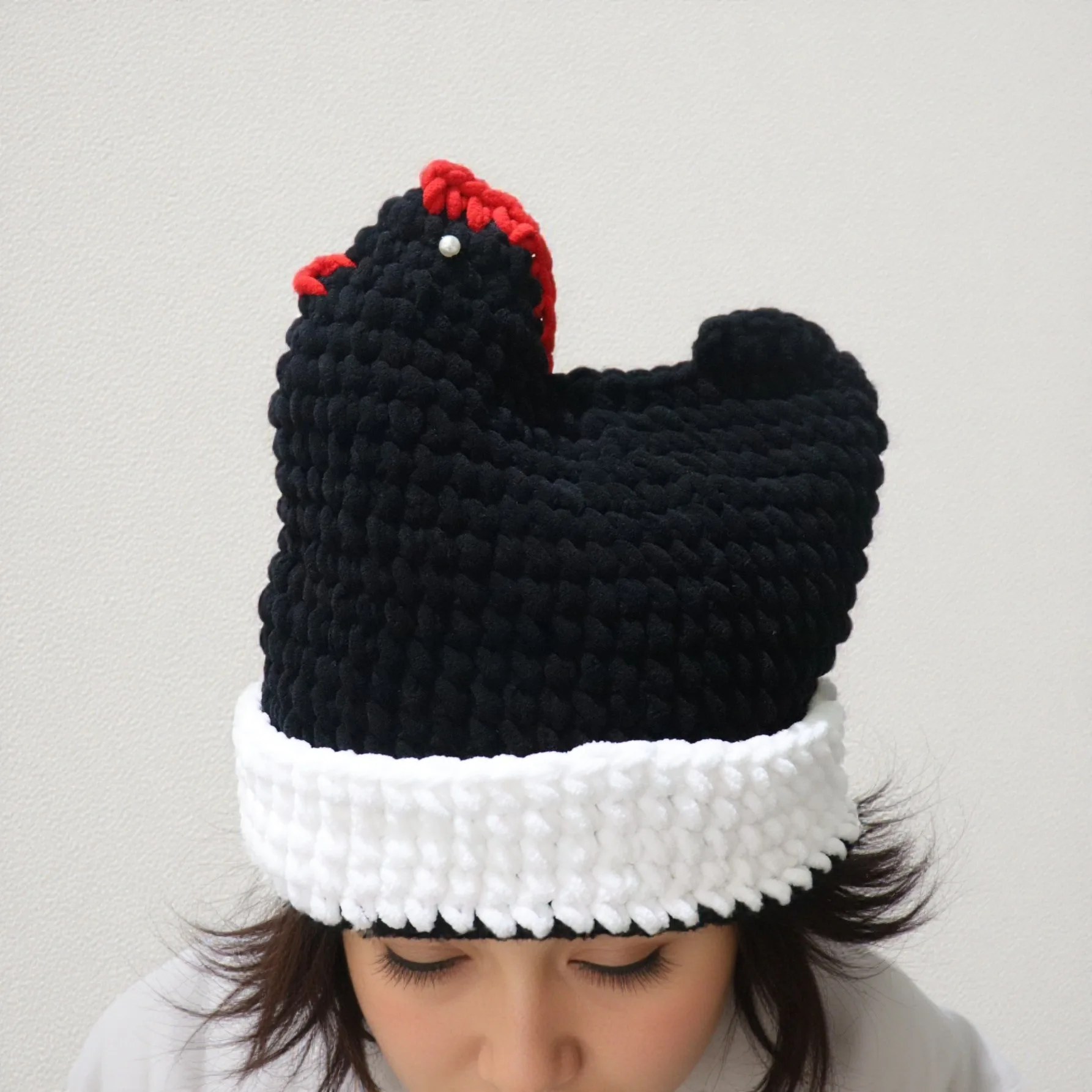Hand-crocheted rooster-shaped hat; chunky knit warm hat featuring a quirky, 