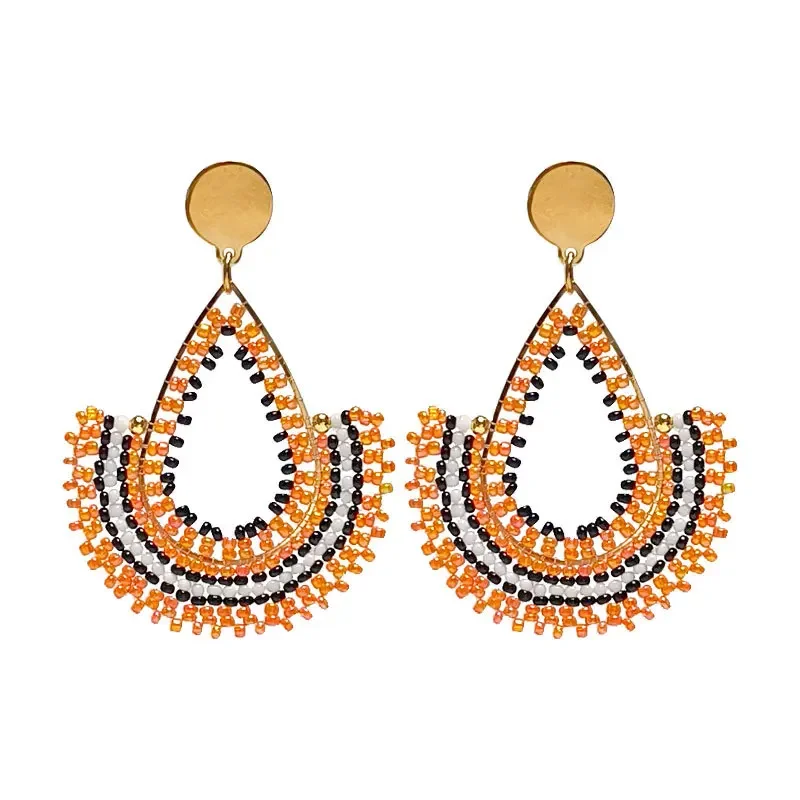 ZGMXR Rice bead earrings Water drop Hollow out Crystal Hand knitting Female Graph Bohemia Alloy Orange Versatile Beaded earrings