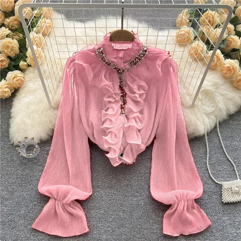 2024 New Elegant Shirts Women Design Diamonds Loose Casual Tops Long Sleeve Ruffles Gentle Office Lady Blouses Spring