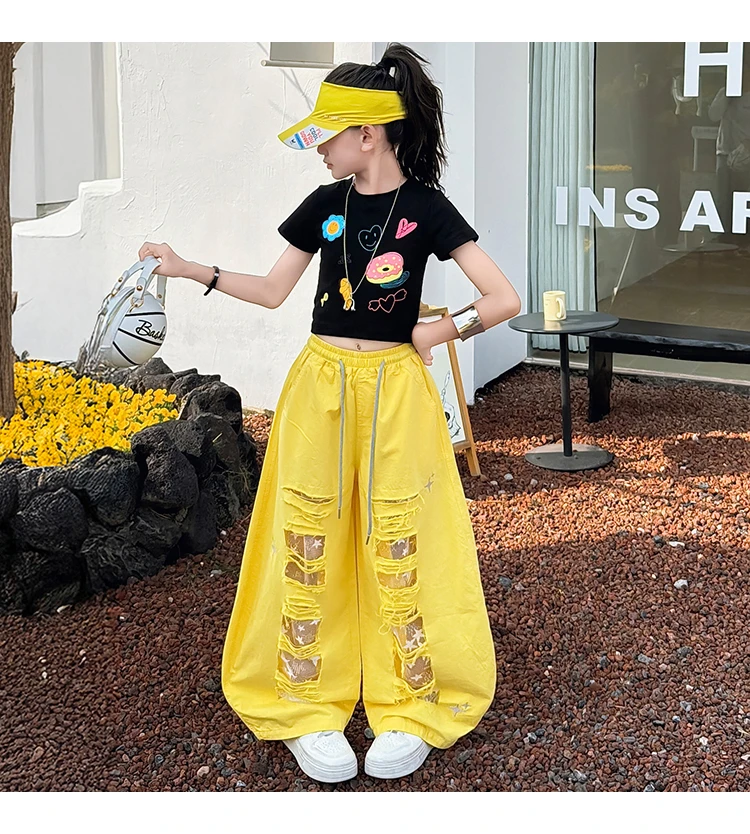 Teenager-Mädchen Mode Street-Style Y2K Kleidungsset Outfits für Mädchen Sommer T-Shirt + zerrissene Hosen Streetwear Coole Kinderkleidung Anzug – Detail 4