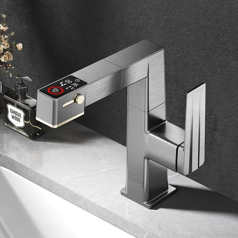 Bathroom faucet light luxury digital display hot and cold basin faucet lifting pull-out type household hot and cold Tap