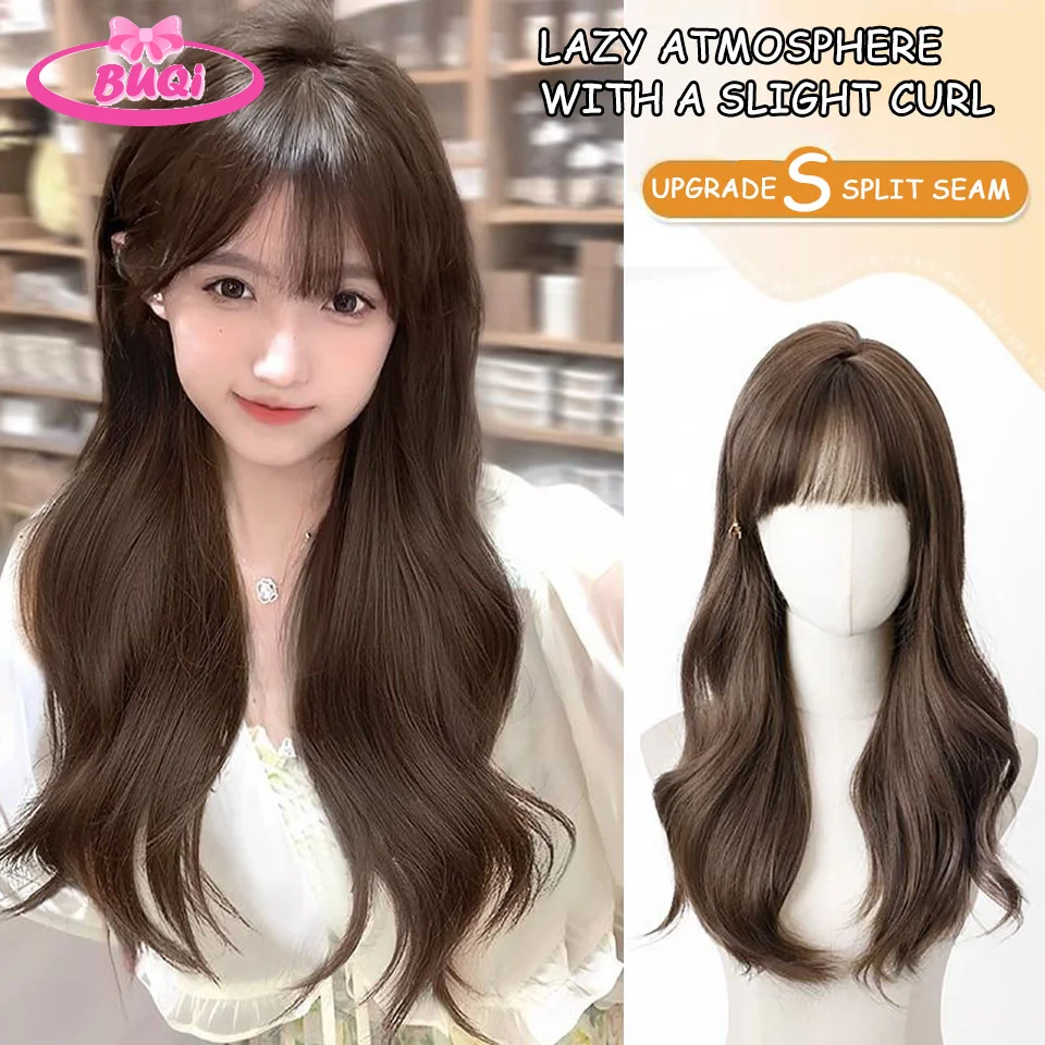 BUQI Long Straight Synthetic Wig with Bangs Dark Black Hair Wigs for Women Cosplay Natural Hair Wigs Party Heat Resistant