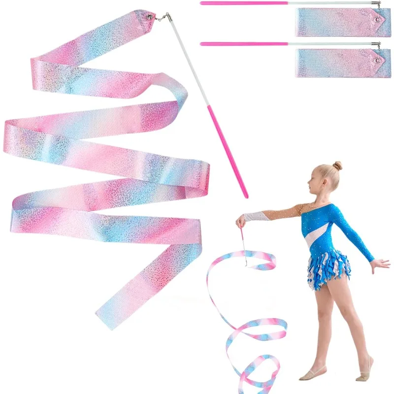 2M Twirling Stick Tanzband, blinkendes Glitzer-Kunstgymnastik-Ballettband für Kinder, Sport, Performance, Bühnenshow, Requisite, 2 Stück