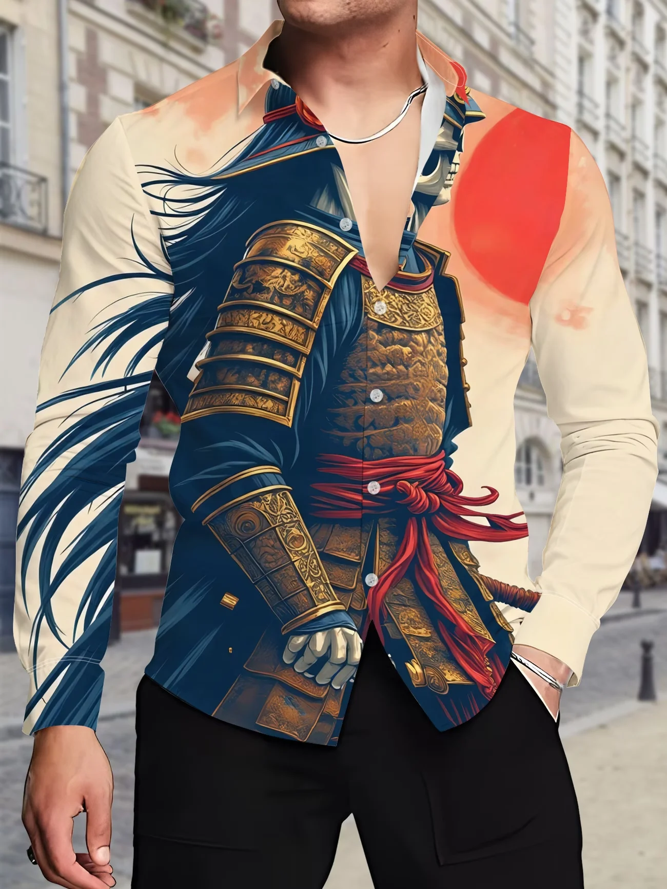 New ukiyo-e samurai maple leaf 3D printed men's long sleeved shirt, retro and stylish slim fit casual shirt