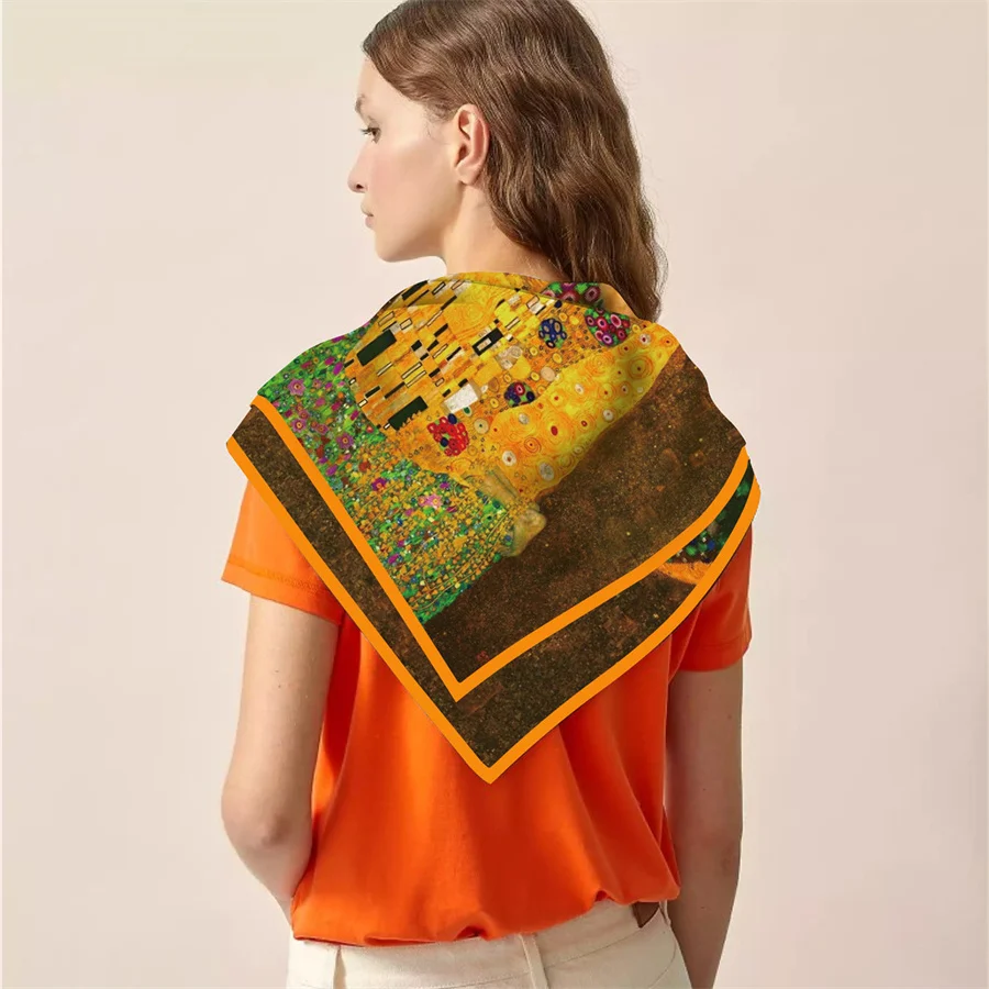 Silk Scarf Women Paintings Series Square Scarves Head Echarpes Silk Foulards Femme Wraps Beach Shawls Bandana Lady Hijabs 90CM