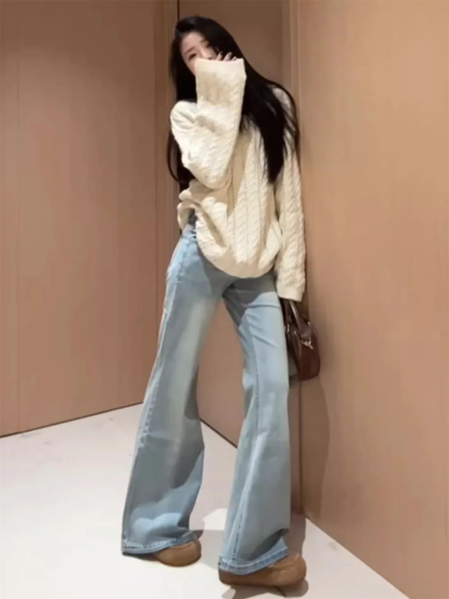 

American Style Vintage Light Blue Bell Bottom Jeans Women Loose Slimming Casual Pants Spring Low Waist Cotton Soft Washed