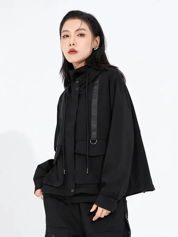 

Черная лента с карманом, большой размер, повседневная куртка, новое женское пальто с капюшоном и длинными рукавами, модное пальто, весна-осень